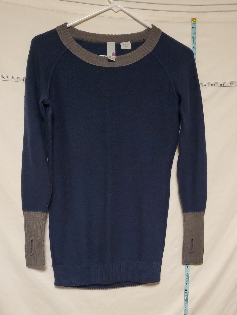 Stio Merino Wool Navy Ski Sweater Brown Cuff/Ring Neck XS Warm Cozy Quiet Luxury